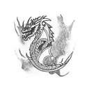 Axe embedded in a tree trunk, with a dragon wrapped around it tattoo design idea