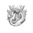 Axe embedded in a tree trunk, with a dragon wrapped around it tattoo design idea