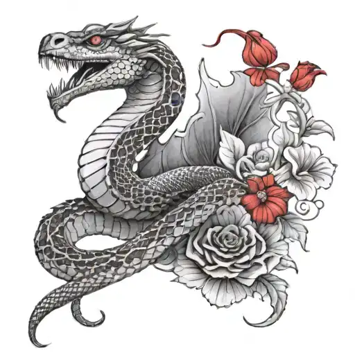 black and white gray scale snake wrapped around dragon with red flowers surrounding in the background tattoo design idea