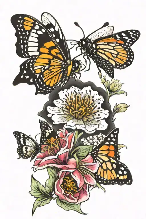 wildflowers with bumble bees and monarch butterfly tattoo design idea