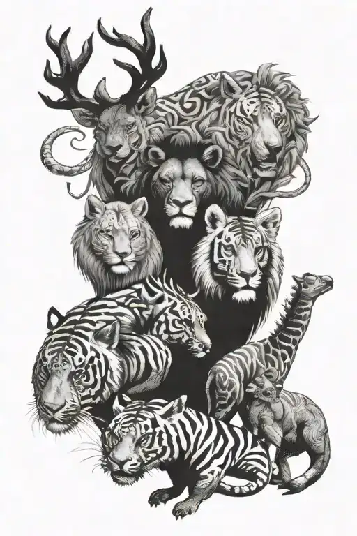 Mithologic characters, wild animals tattoo design idea