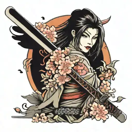 katana with flowers and japanese building tattoo design idea