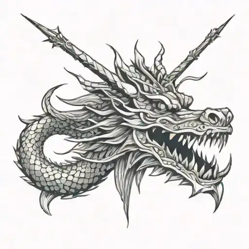 dead chinese dragon head impaled with sword tattoo design idea