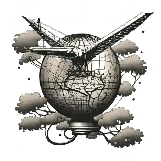 A dotwork tattoo of a construction crane reaching towards a globe symbolizing the client's love for travel and construction tattoo design idea