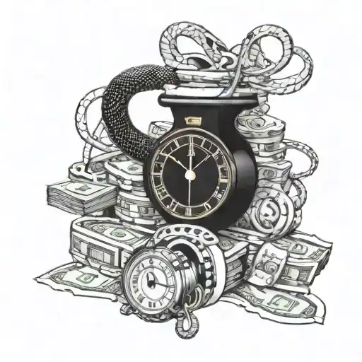 A surreal design combining elements of guns and clocks with a snake wrapped around a stack of money, symbolizing power and wealth tattoo design idea