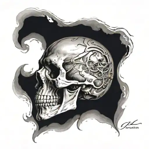 A realistic full-back tattoo of a skull. The skull is detailed and anatomically accurate, covering the entire back. The  tattoo design idea