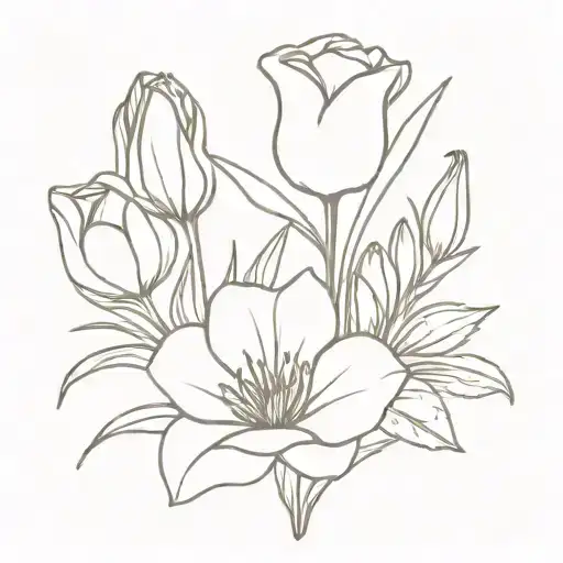 Bouquet with a rose, an iris, a geranium and a tulip hand drawn tattoo design idea