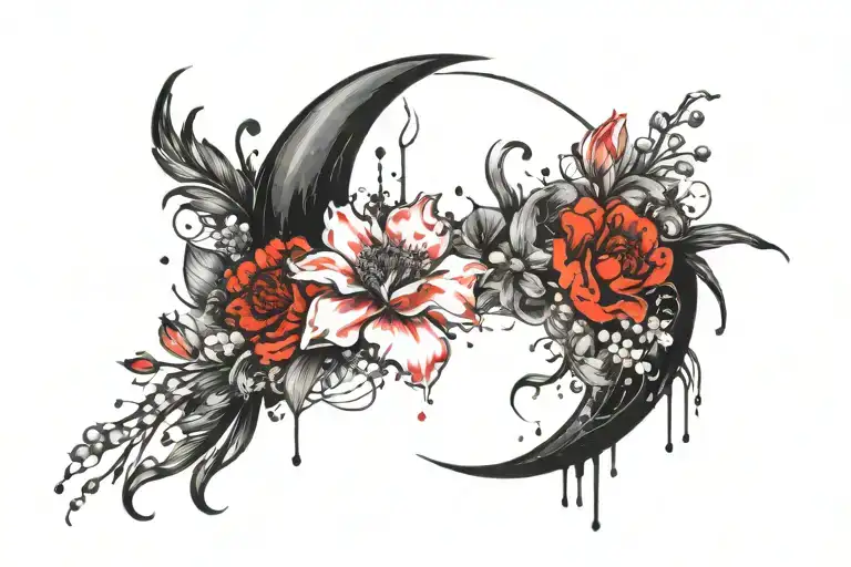 crescent moon surrounded by a carnation, poppy, and lily of the valley flower tattoo design idea