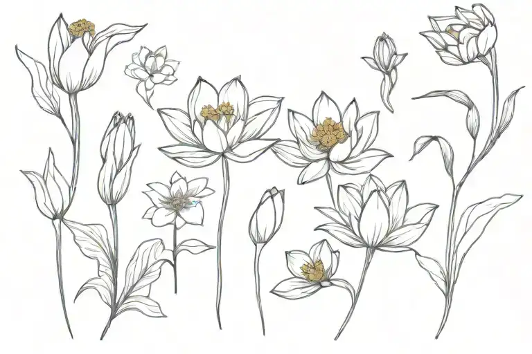 lotus flower, cherry blossom, indian paint brush, tiger lily, snap dragons, tulip, tulip, sunflower, chrysanthemum, tuli tattoo design idea