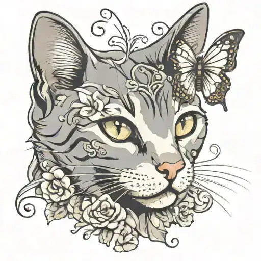 grey cat with white spot in the middle of the face and with butterflies  tattoo design idea