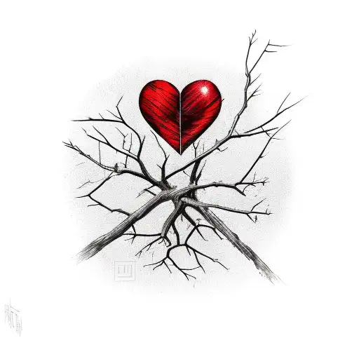red broken heart on a branch with thorns tattoo design idea