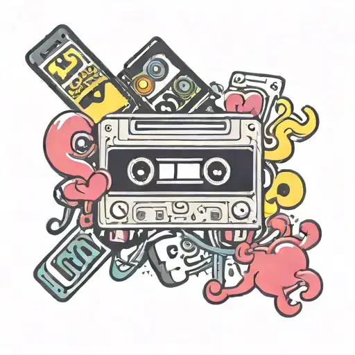 style and theme 90s and 00s, music, computer disk, video cassette, chewing gum Love is, icq logo, cool emoticon tattoo design idea