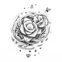 concha de mar enredada con ramas de uva, media luna, sol,  tattoo design idea