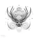 concha de mar enredada con ramas de uva, media luna, sol,  tattoo design idea