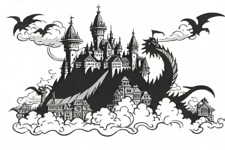dragon attack town showing through the clouds tattoo design idea