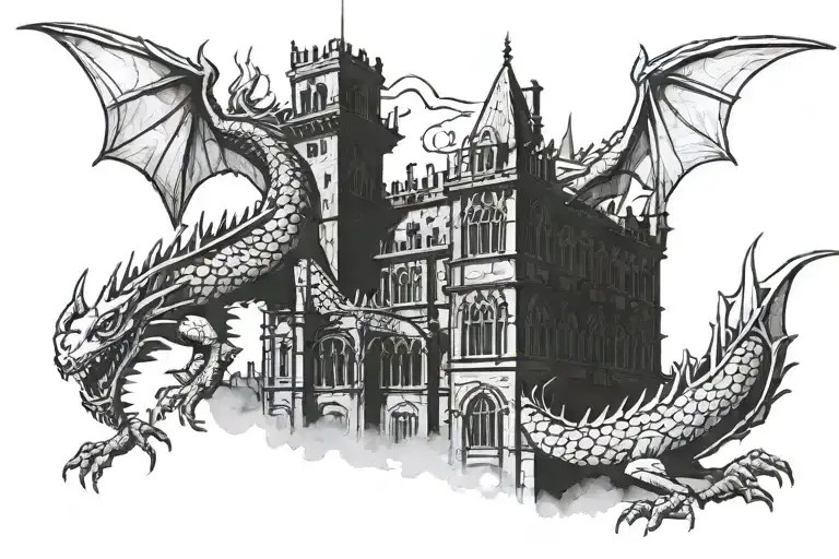 dragon attack town hall tower tattoo design idea