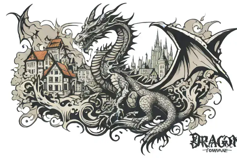 dragon attack town skyline tattoo design idea