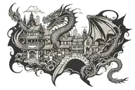 dragon attack town skyline tattoo design idea