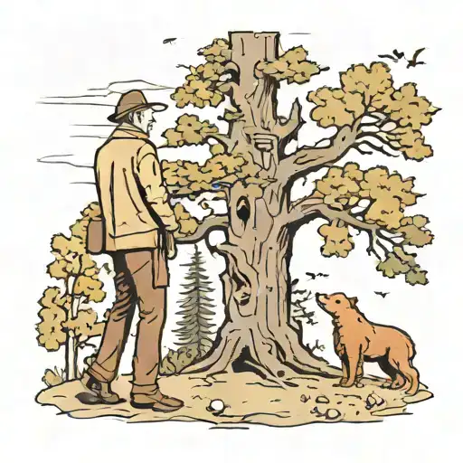 an older man and a man standing from a distance looking at a tree with a bear in it with hound dogs barking up the tree tattoo design idea