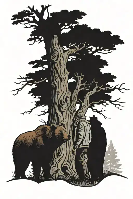 an older man and a boy standing from a distance looking at a tree with a bear in it with hound dogs barking up the tree tattoo design idea