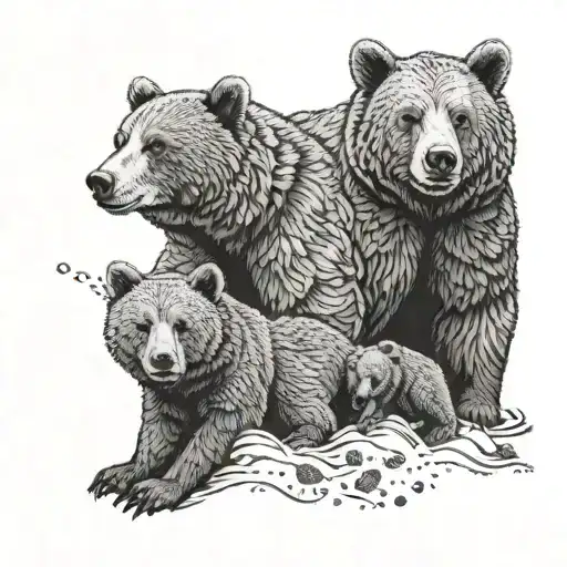 A tattoo of a mother bear with three cubs representing Polina, Olesya, and Maryana, in a dotwork style tattoo design idea