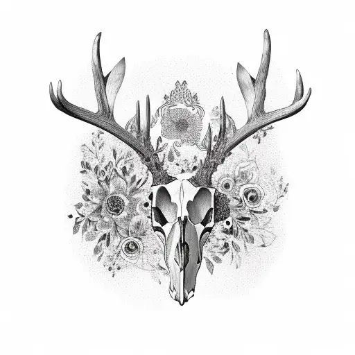 Deer skull surrounded by intricate floral patterns tattoo design idea