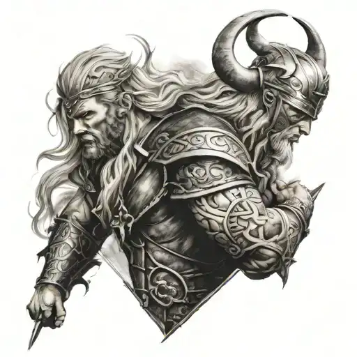 A full arm tattoo inspired by Norse mythology of Ragnarök: The design showcases a fierce battle scene between gods and g tattoo design idea