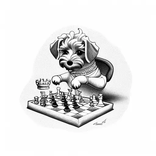 A schnoodle playing chess with a cloud tattoo design idea