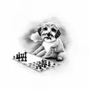 A schnoodle playing chess with a cloud tattoo design idea