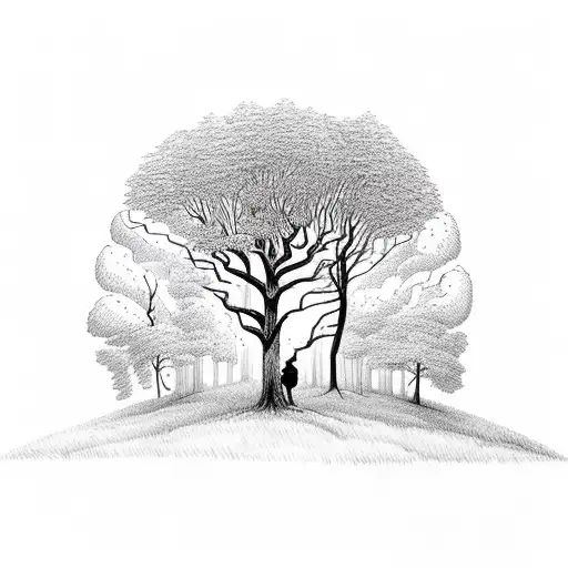 A majestic forest landscape with a solitary figure standing among the trees, representing your love for nature and being alone tattoo design idea