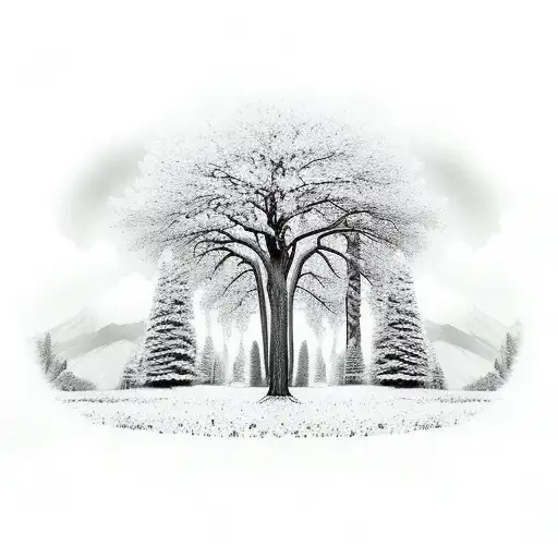 A majestic forest landscape with a solitary figure standing among the trees, representing your love for nature and being alone tattoo design idea