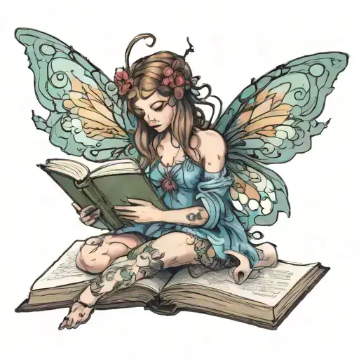 Fairy reading a book open in front tattoo design idea