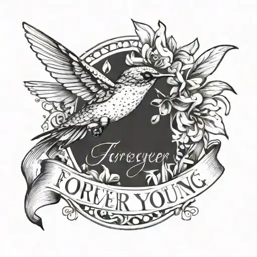 small hummingbird flying with text "forever young" on ribbons  tattoo design idea