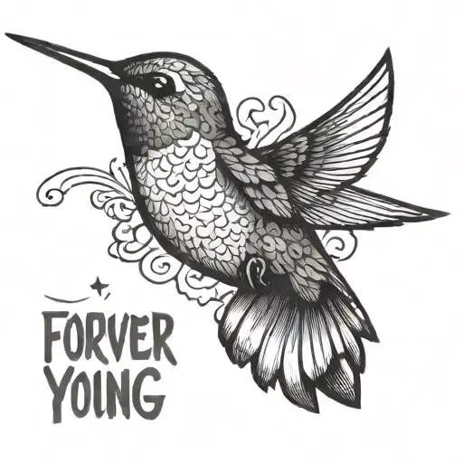 small hummingbird flying with text "forever young"  tattoo design idea