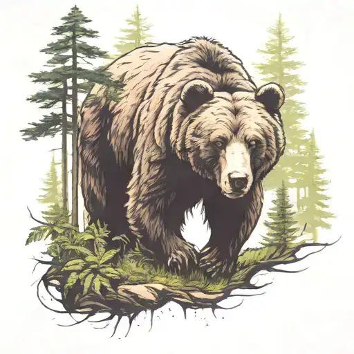 bear walking in a forest tattoo design idea