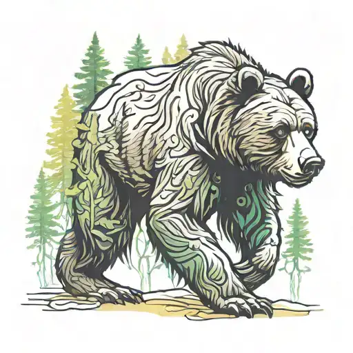 bear walking in a forest tattoo design idea