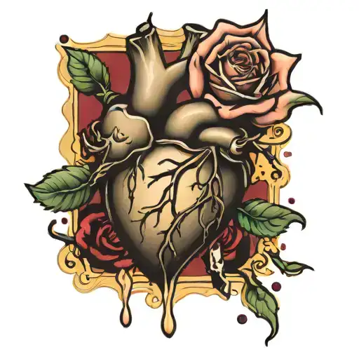 cracked heart, liquid drops,dopamine, seratonin, vapor clouds, broken rose below heart  tattoo design idea
