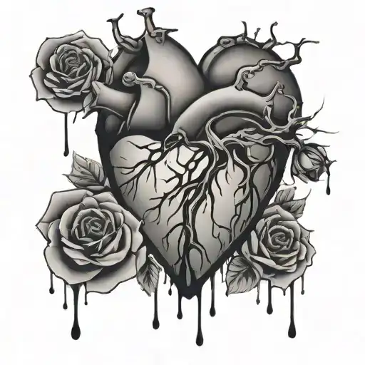 abstract cracked heart, liquid drops,dopamine, seratonin, vapor clouds, broken rose below heart  tattoo design idea