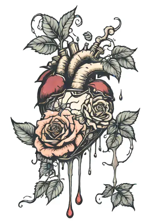 cracked heart liquid drips seratonin dopamine vapor cloud broken rose  tattoo design idea