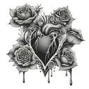 abstract cracked heart, liquid drops,dopamine, seratonin, vapor clouds, broken rose below heart  tattoo design idea