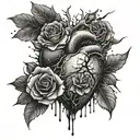 abstract cracked heart, liquid drops,dopamine, seratonin, vapor clouds, broken rose below heart  tattoo design idea