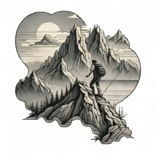 A black-grey tattoo of a hiker climbing a mountain with a mesmerizing ocean view from the top tattoo design idea
