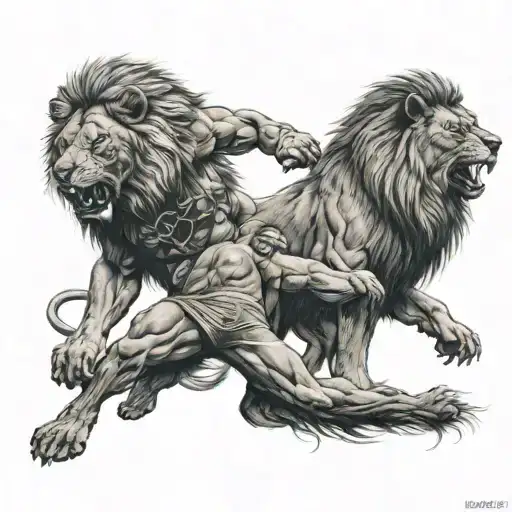 A lion and wolf locked in combat, symbolizing the struggle and strength of MMA fighters tattoo design idea
