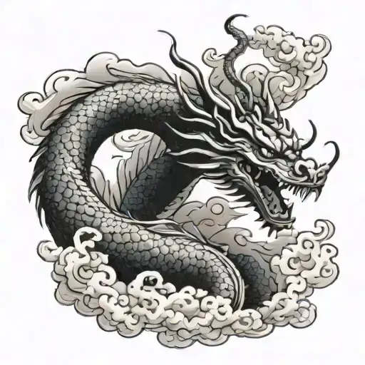 Close-up of a dragon in the clouds, sharp brush strokes, black and white line art, majestic Japanese dragon, dragon body tattoo design idea