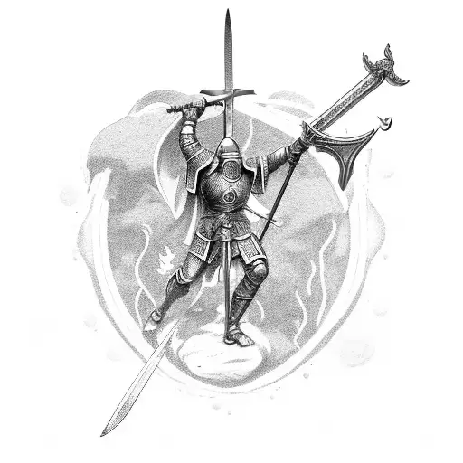 crusader holding sword with the god of Neptune over him  tattoo design idea