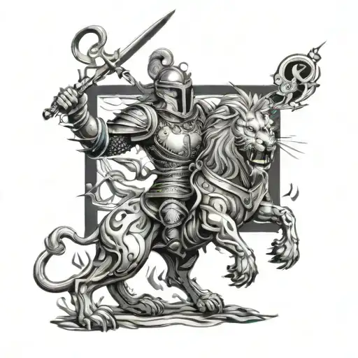 warrior in a lion armor fighting scene featuring elements tattoo design idea