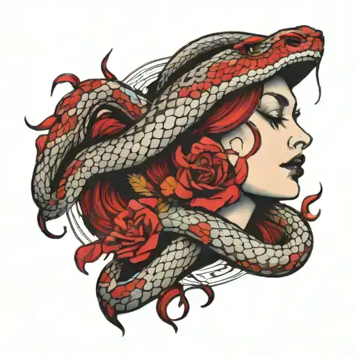 snake and woman face red tattoo design idea