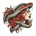 snake and woman face red tattoo design idea