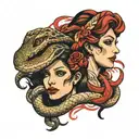 snake and woman face red tattoo design idea