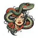 snake and woman face red tattoo design idea